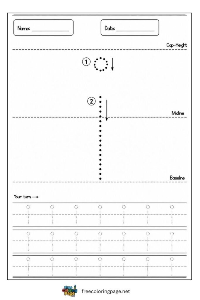 Letter i lowercase tracing worksheet with dotted outline free printable for preschool and kindergarten