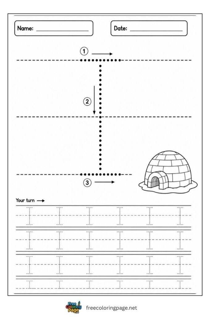Letter I uppercase tracing worksheet with dotted outline and Igloo illustration, free printable for preschool and kindergarten