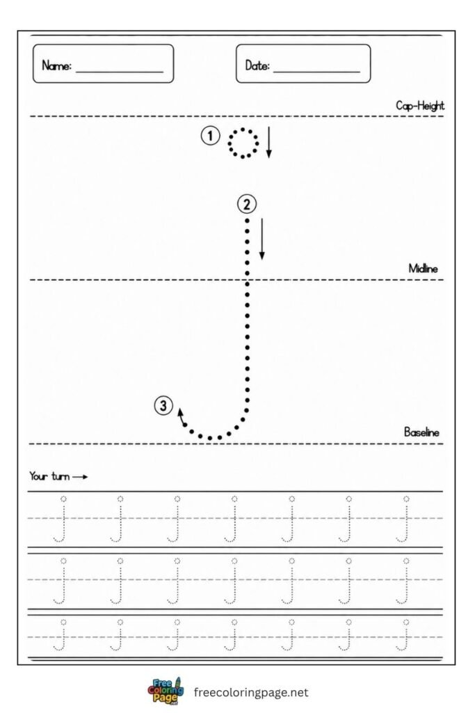 Letter j lowercase tracing worksheet with dotted outline free printable for preschool and kindergarten