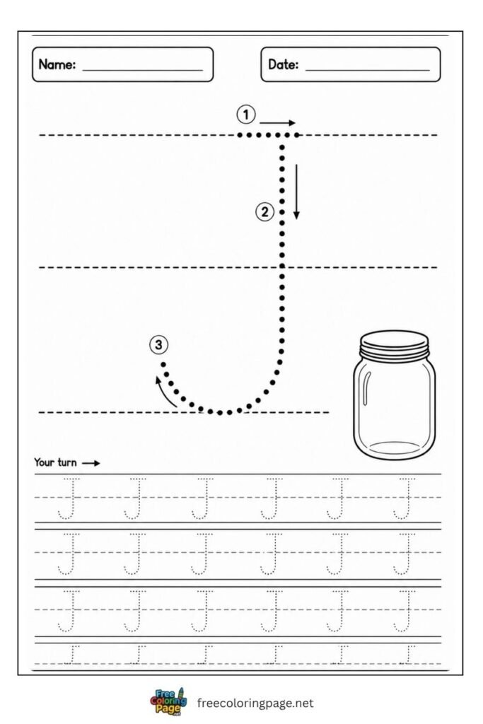 Letter J uppercase tracing worksheet with dotted outline and Jar illustration, free printable for preschool and kindergarten
