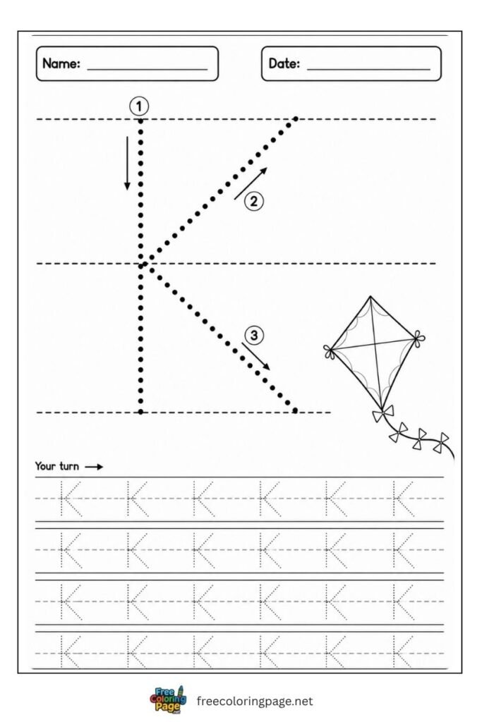 Letter K uppercase tracing worksheet with dotted outline and Kite illustration, free printable for preschool and kindergarten