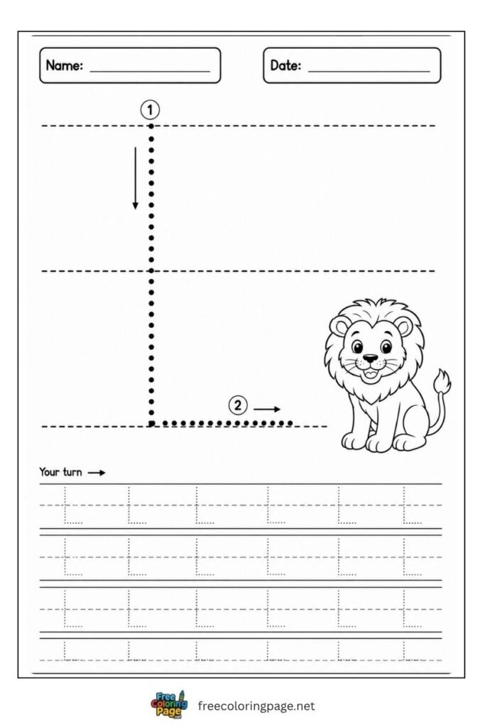 Letter L uppercase tracing worksheet with dotted outline and Lion illustration, free printable for preschool and kindergarten