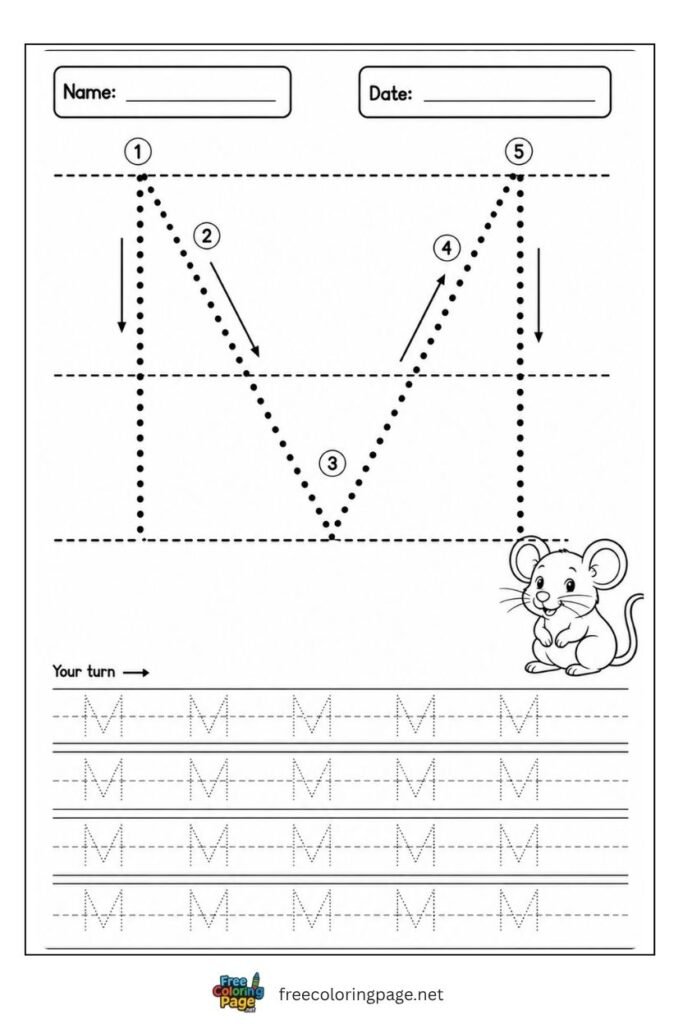 Letter M uppercase tracing worksheet with dotted outline and Moon illustration, free printable for preschool and kindergarten