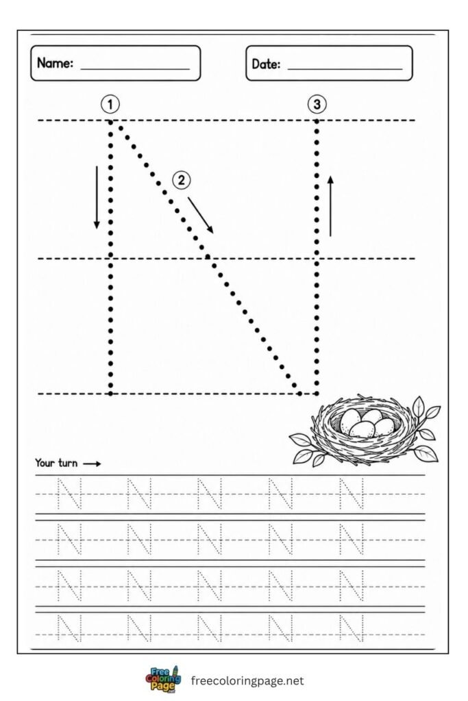 Letter N uppercase tracing worksheet with dotted outline and Nest illustration, free printable for preschool and kindergarten