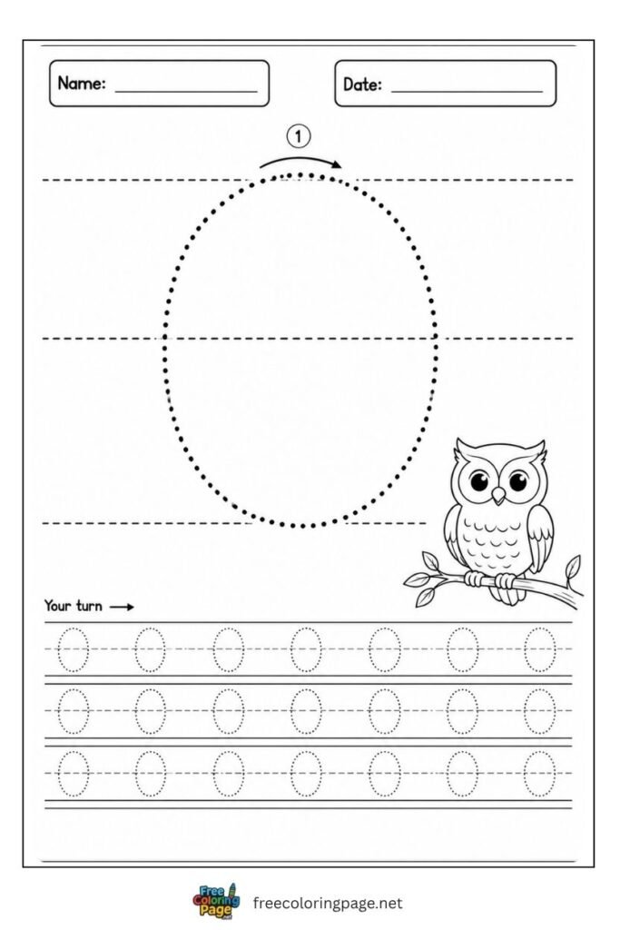 Letter O uppercase tracing worksheet with dotted outline and Owl illustration, free printable for preschool and kindergarten