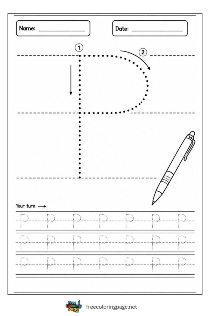 Letter P uppercase tracing worksheet with dotted outline and Penguin illustration, free printable for preschool and kindergarten