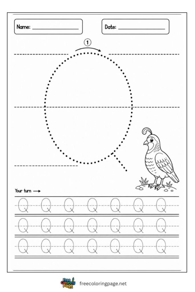 Letter Q uppercase tracing worksheet with dotted outline and Queen illustration, free printable for preschool and kindergarten