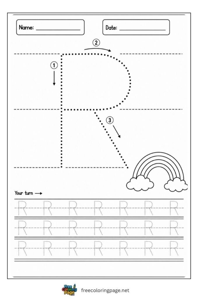 Letter R uppercase tracing worksheet with dotted outline and Rainbow illustration, free printable for preschool and kindergarten