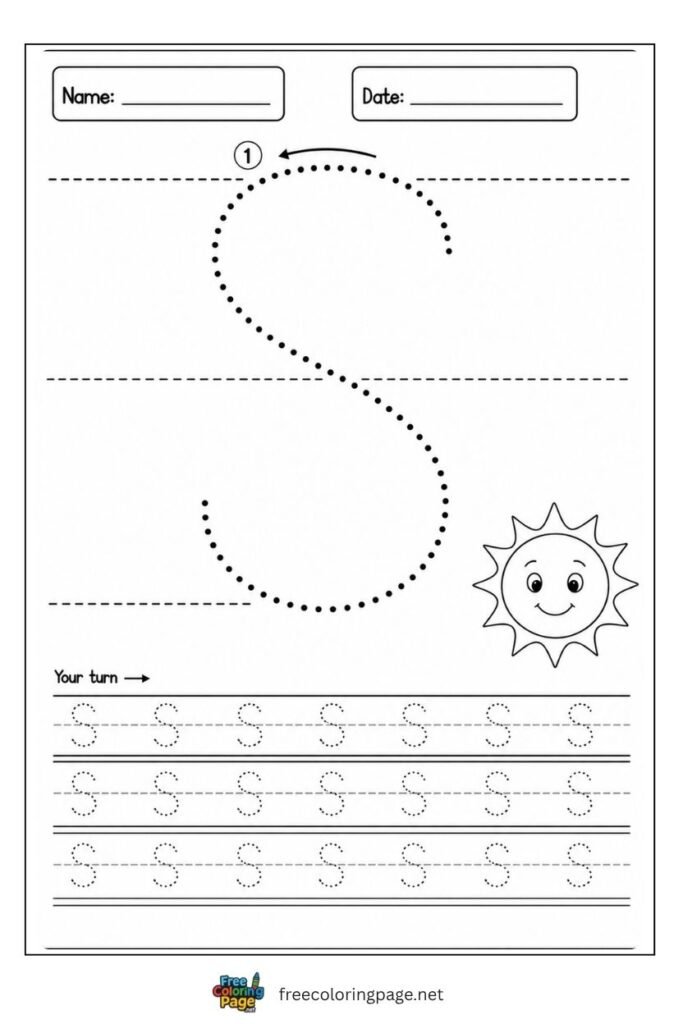 Letter S uppercase tracing worksheet with dotted outline and Sun illustration, free printable for preschool and kindergarten