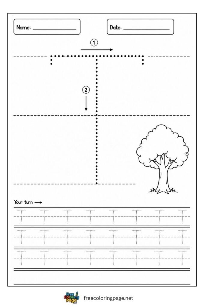 Letter T uppercase tracing worksheet with dotted outline and Tree illustration, free printable for preschool and kindergarten
