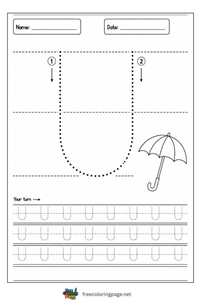 Letter U uppercase tracing worksheet with dotted outline and Umbrella illustration, free printable for preschool and kindergarten