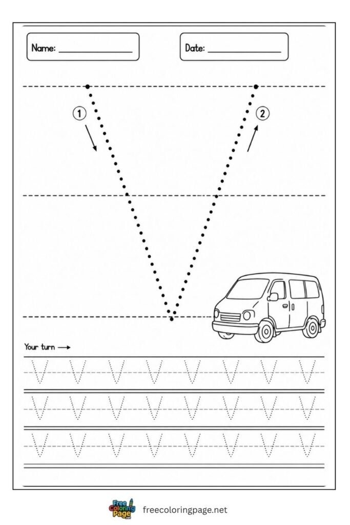 Letter V uppercase tracing worksheet with dotted outline and Volcano illustration, free printable for preschool and kindergarten