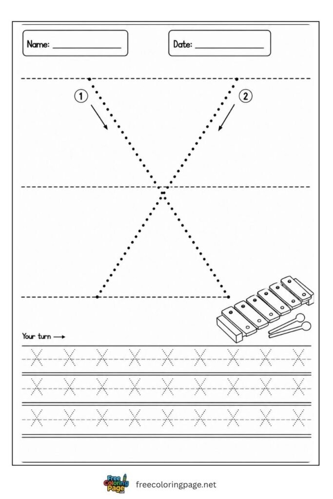 Letter X uppercase tracing worksheet with dotted outline and Xylophone illustration, free printable for preschool and kindergarten