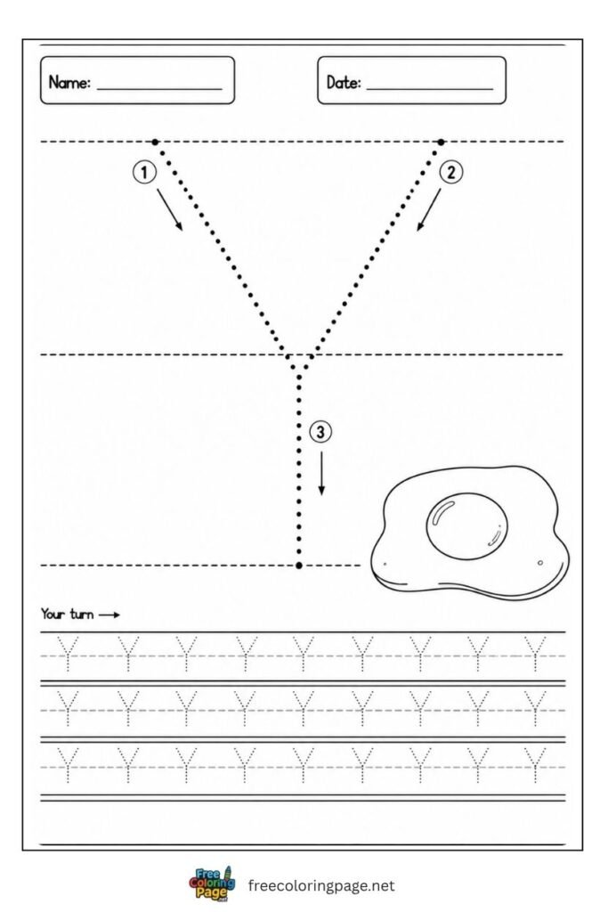 Letter Y uppercase tracing worksheet with dotted outline and Yarn illustration, free printable for preschool and kindergarten
