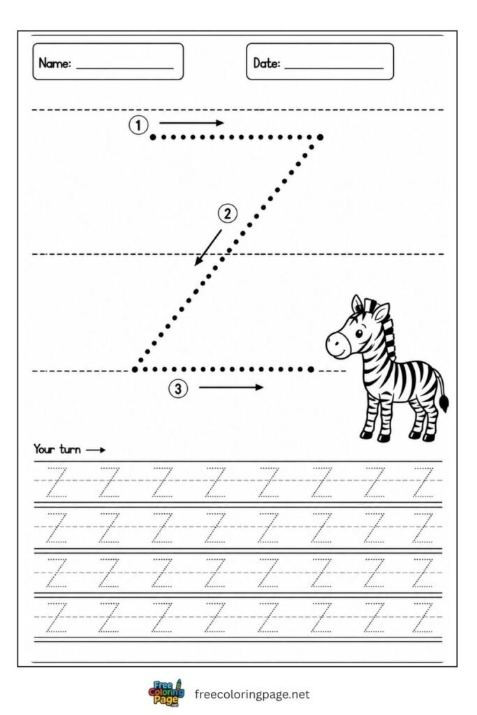 Letter Z uppercase tracing worksheet with dotted outline and Zebra illustration, free printable for preschool and kindergarten