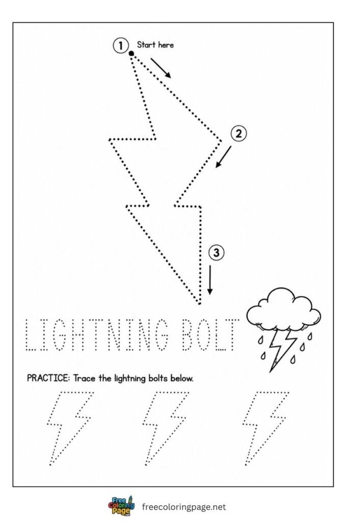 Lightning bolt shape tracing worksheet with storm cloud illustration, free printable
