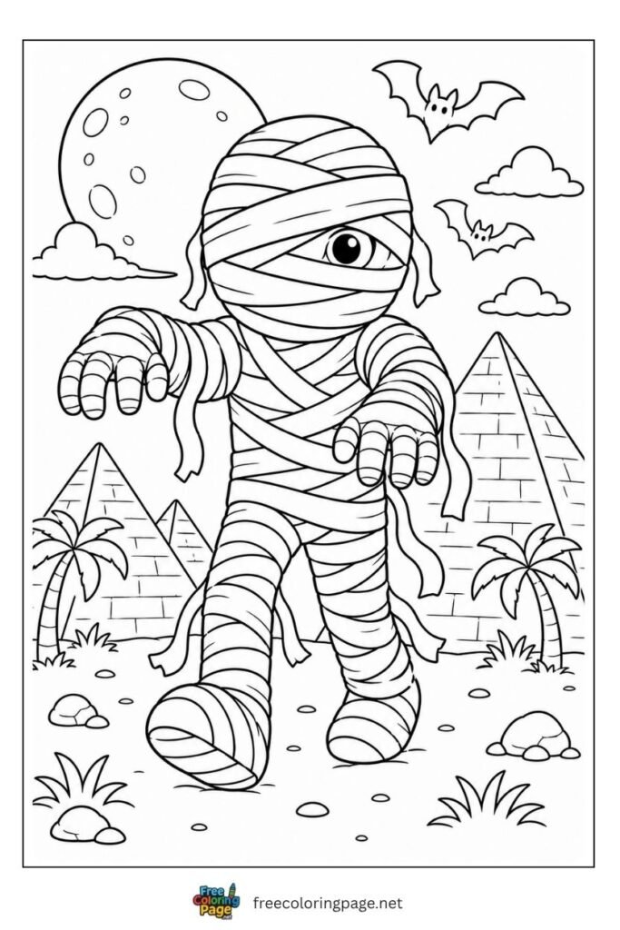 Halloween mummy coloring page with bandage wrappings outstretched arms and pyramid background