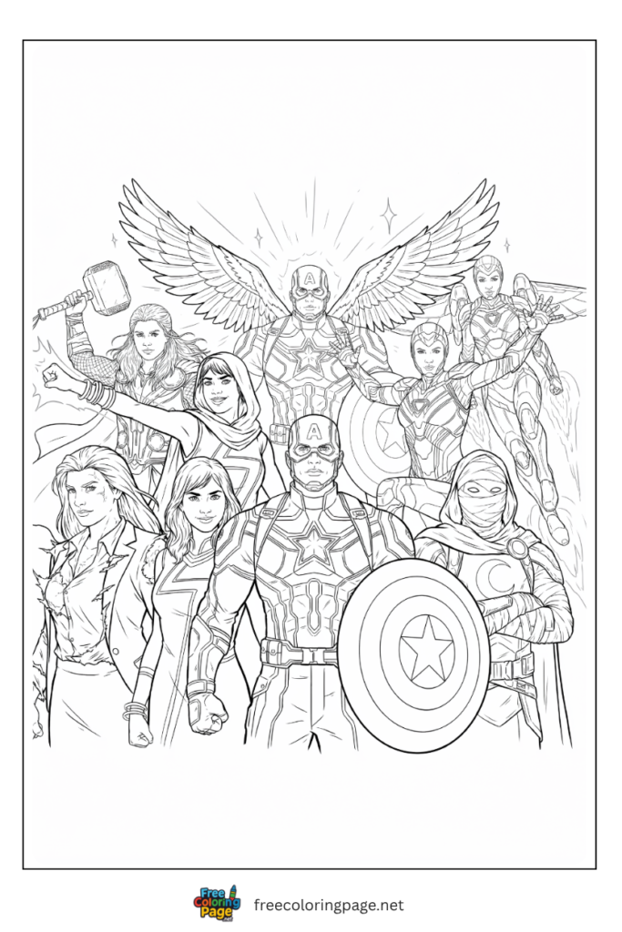 New Avengers modern lineup coloring page with Sam Wilson Cap Jane Foster Thor Ironheart Ms. Marvel Moon Knight, free printable