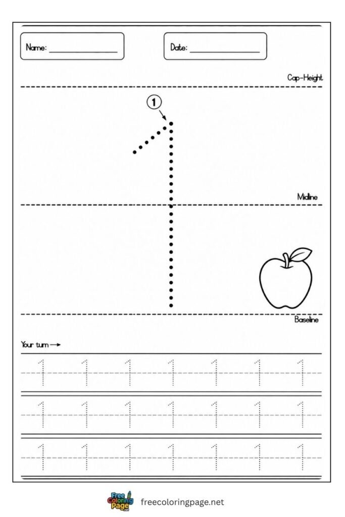 Number 1 tracing worksheet with single dotted stroke path and 1 apple illustration, free printable