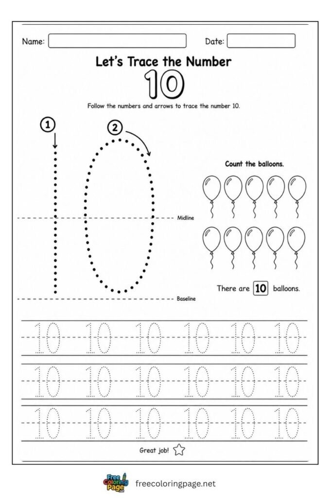 Number 10 tracing worksheet with single dotted stroke path and 10 balloons illustration, free printable