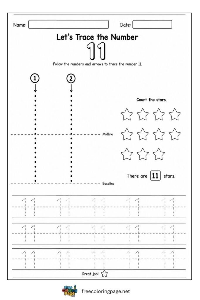 Number 11 tracing worksheet with dotted stroke paths and 11 stars illustration, free printable