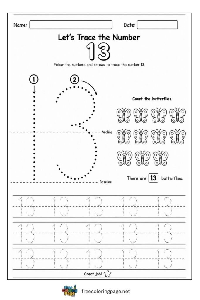 Number 13 tracing worksheet with dotted stroke paths and 13 butterflies illustration, free printable