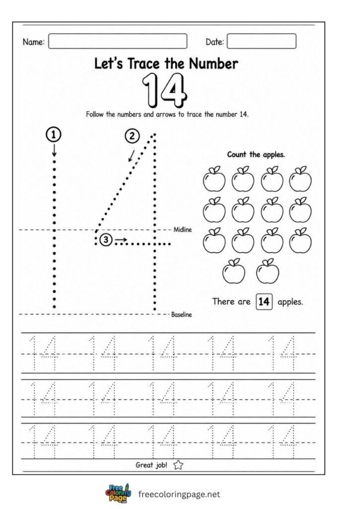 Number 14 tracing worksheet with dotted stroke paths and 14 apples illustration, free printable