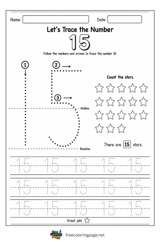 Number 15 tracing worksheet with dotted stroke paths and 15 stars illustration, free printable