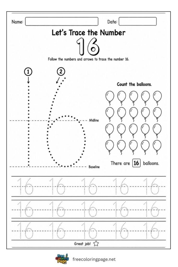 Number 16 tracing worksheet with dotted stroke paths and 16 balloons illustration, free printable