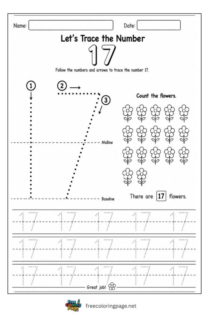 Number 17 tracing worksheet with dotted stroke paths and 17 flowers illustration, free printable