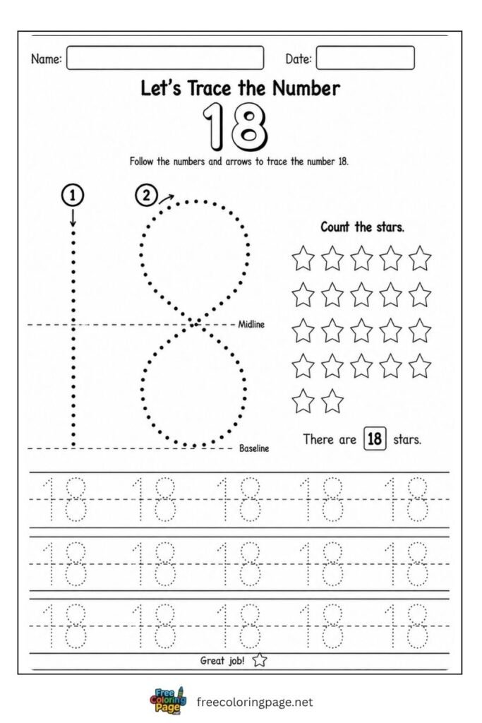 Number 18 tracing worksheet with dotted stroke paths and 18 stars illustration, free printable