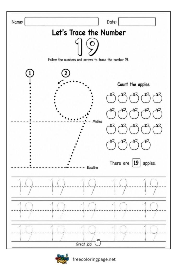 Number 19 tracing worksheet with dotted stroke paths and 19 apples illustration, free printable