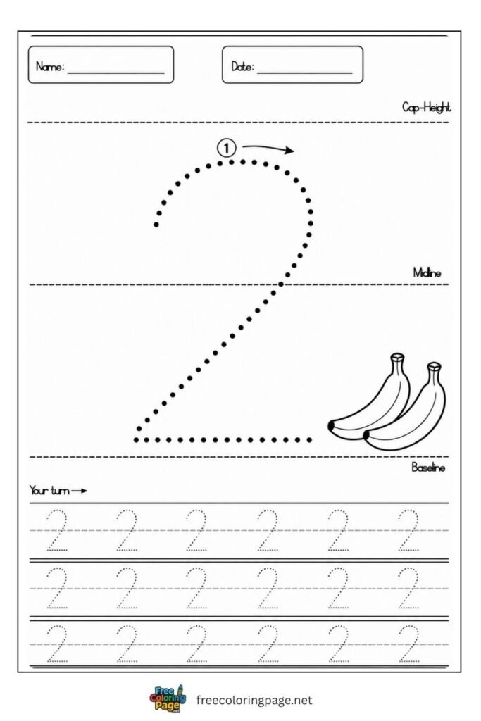 Number 2 tracing worksheet with single dotted stroke path and 2 bananas illustration, free printable