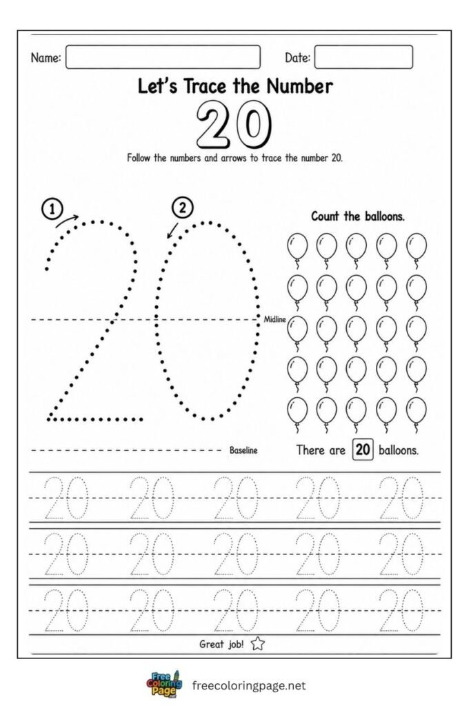 Number 20 tracing worksheet with dotted stroke paths and 20 balloons illustration, free printable