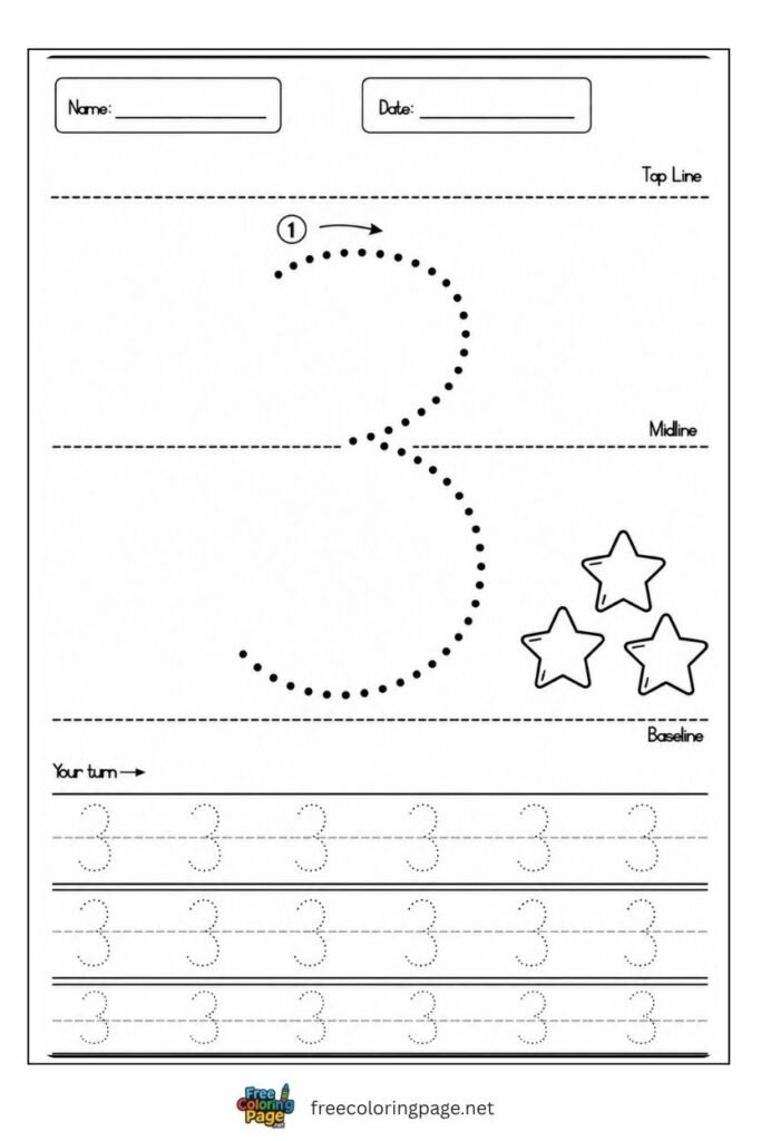 Number 3 tracing worksheet with single dotted stroke path and 3 stars illustration, free printable