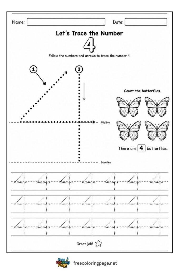 Number 4 tracing worksheet with single dotted stroke path and 4 butterflies illustration, free printable