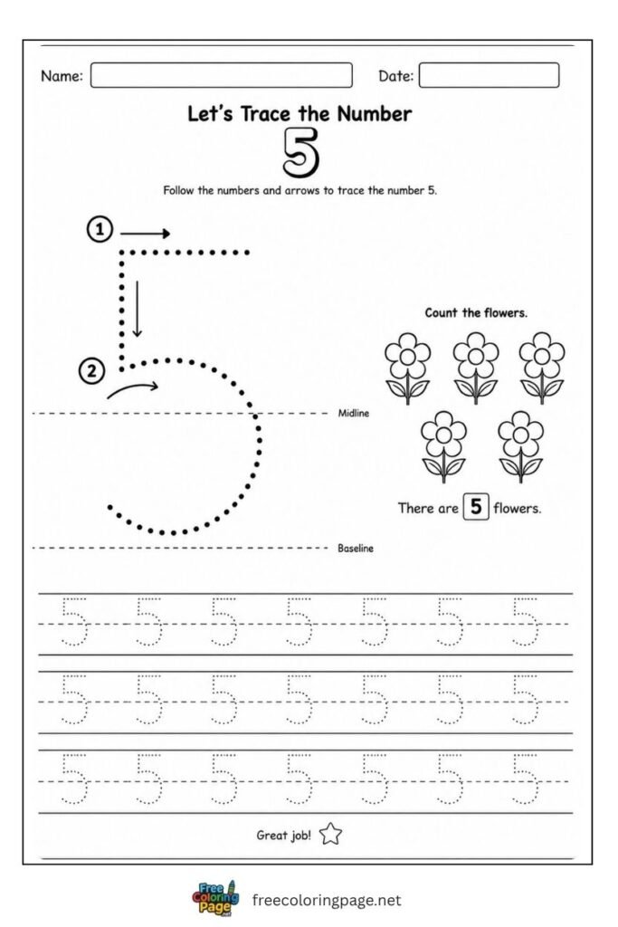 Number 5 tracing worksheet with single dotted stroke path and 5 flowers illustration, free printable