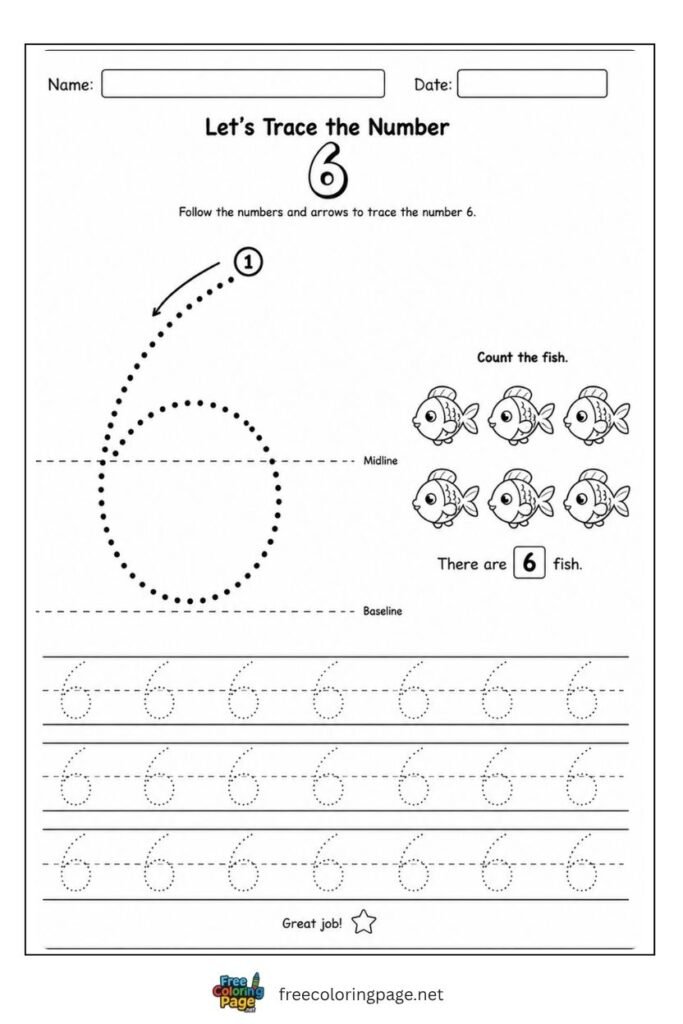 Number 6 tracing worksheet with single dotted stroke path and 6 fish illustration, free printable