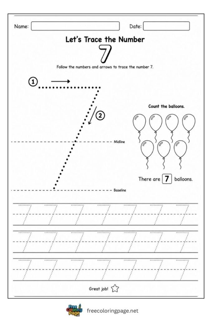 Number 7 tracing worksheet with single dotted stroke path and 7 balloons illustration, free printable