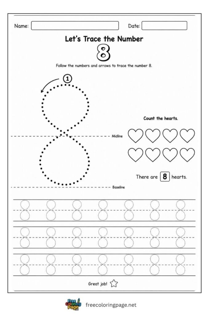 Number 8 tracing worksheet with single dotted stroke path and 8 hearts illustration, free printable