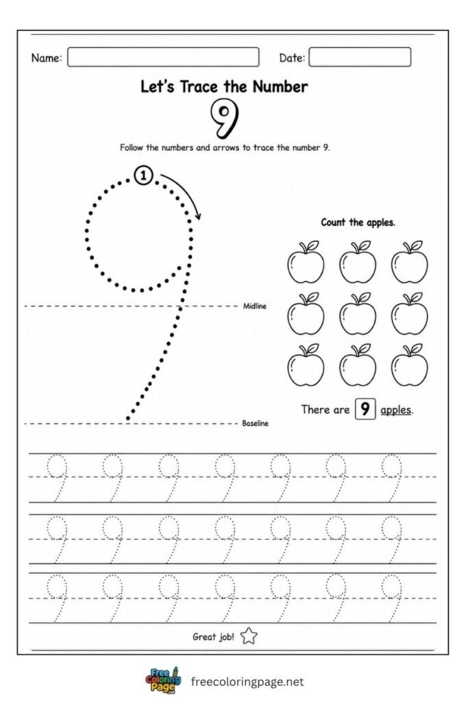 Number 9 tracing worksheet with single dotted stroke path and 9 apples illustration, free printable