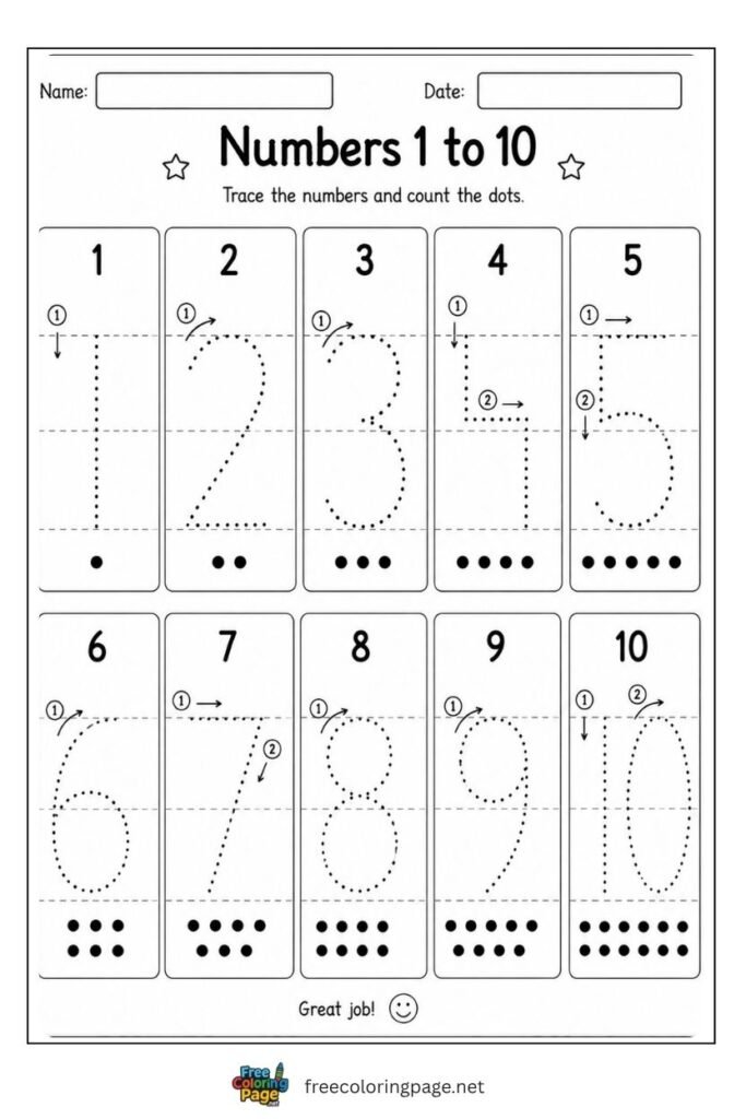 Number tracing 1 to 10 all on one page with dotted stroke paths and counting dots, free printable