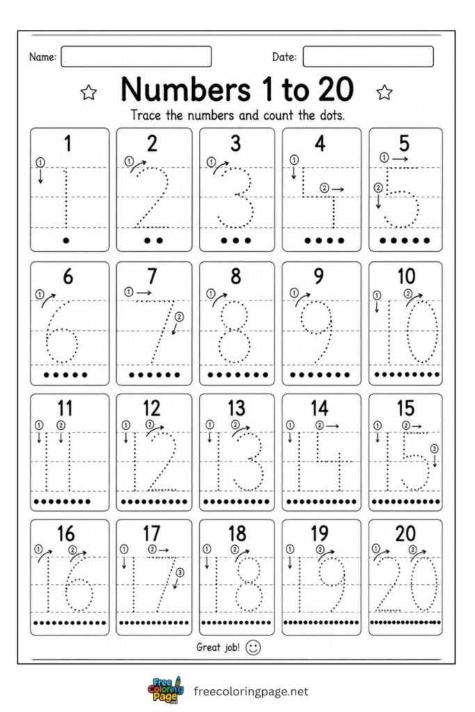 Number tracing 1 to 20 all on one page with dotted stroke paths, free printable