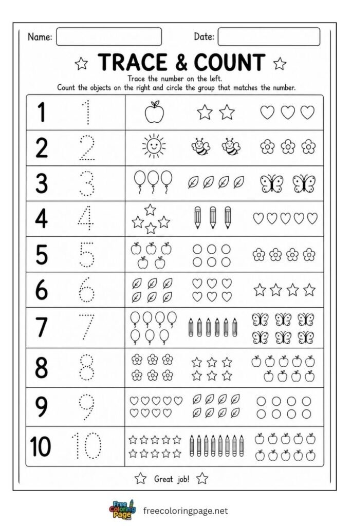 Number tracing and counting worksheet with dotted stroke paths and matching counting objects, free printable