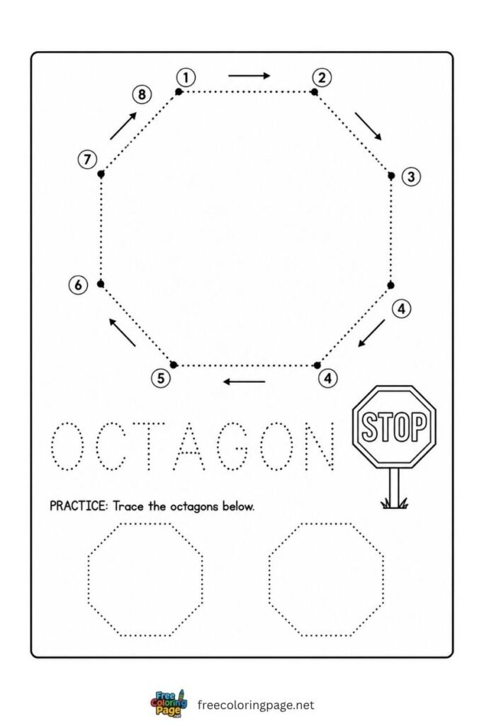 Octagon tracing worksheet with numbered side arrows and stop sign illustration, free printable