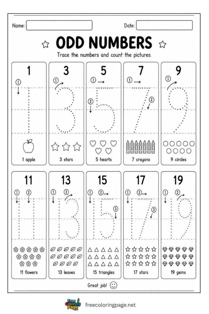 Odd numbers tracing worksheet 1 to 19 with dotted stroke paths, free printable