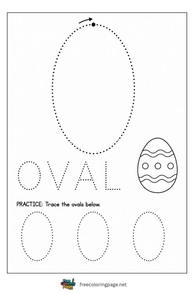 Oval tracing worksheet with continuous dotted path and egg illustration, free printable