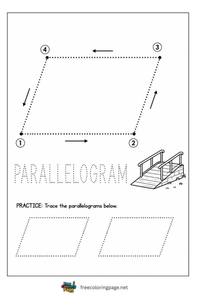 Parallelogram tracing worksheet with numbered side arrows and ramp illustration, free printable