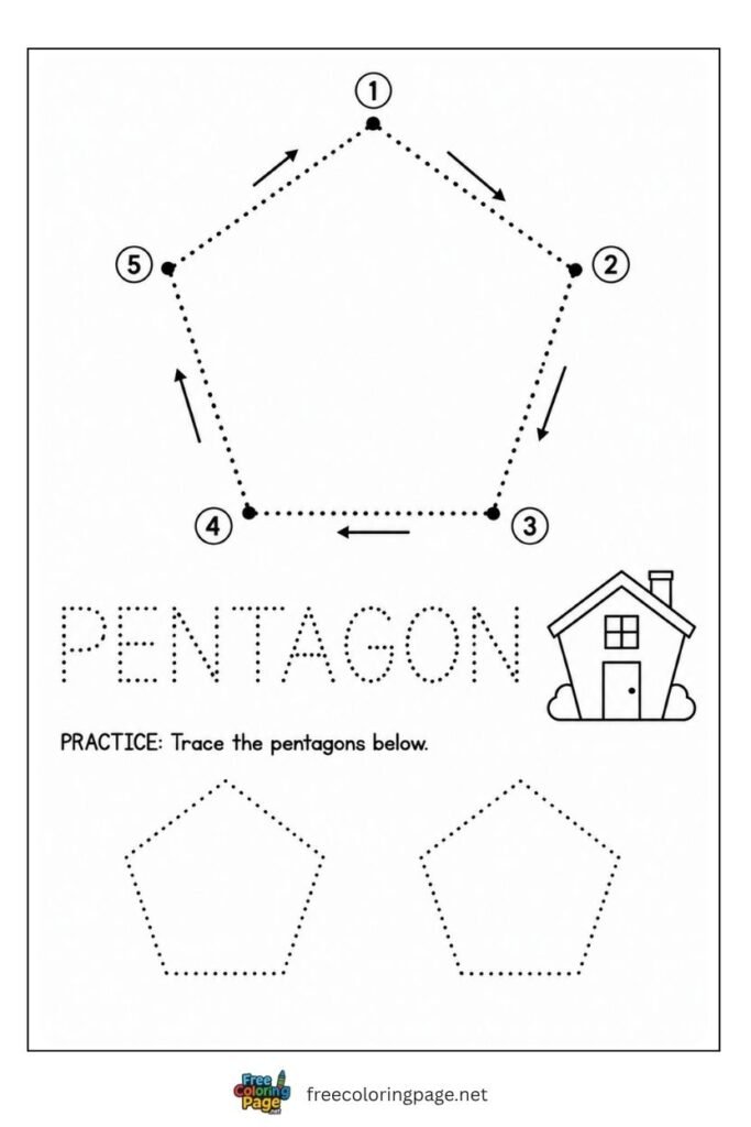 Pentagon tracing worksheet with numbered side arrows and house illustration, free printable