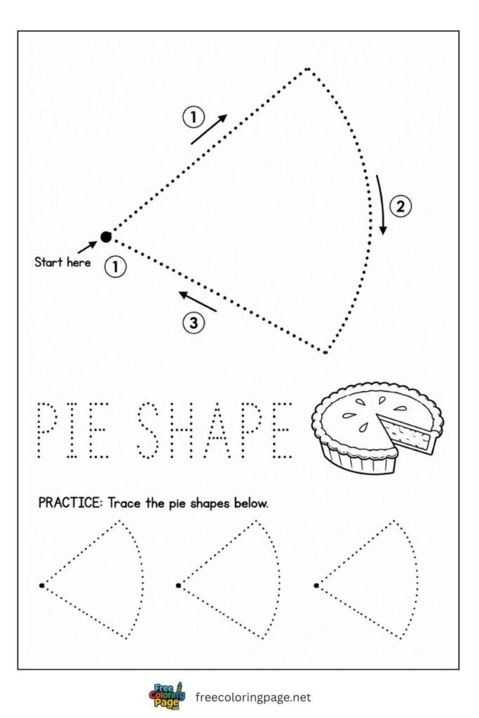 Pie sector shape tracing worksheet with pie illustration, free printable